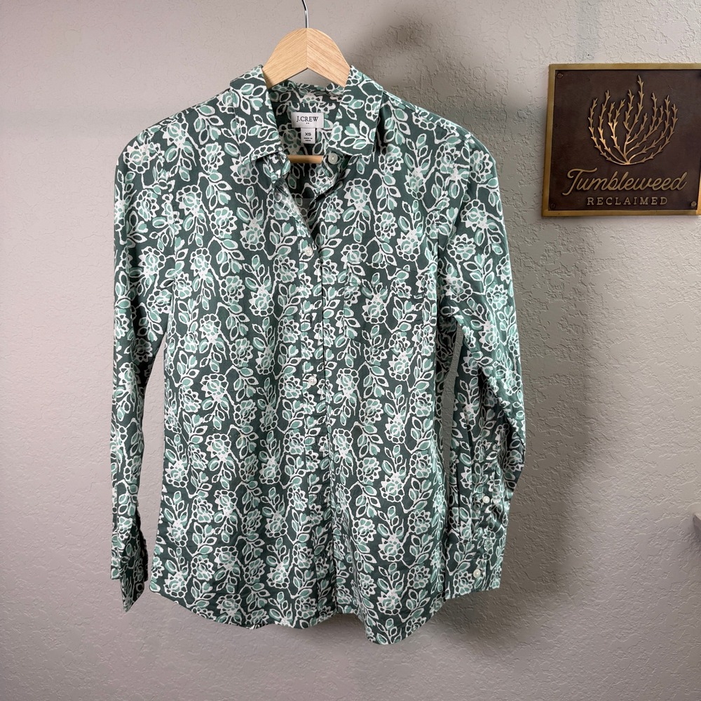 J. Crew Womens XS Green White Floral Block Print Cotton Button Down Shirt